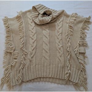 Italian Fringe Cable Knit Turtleneck Poncho Sweater Wrap Beige M Wool blend